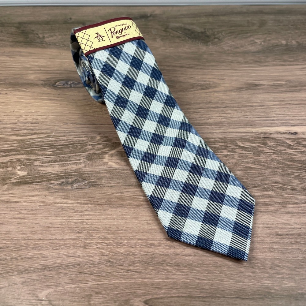 Original Penguin Mens Gingham Wool Silk Blend Necktie Summer Blue